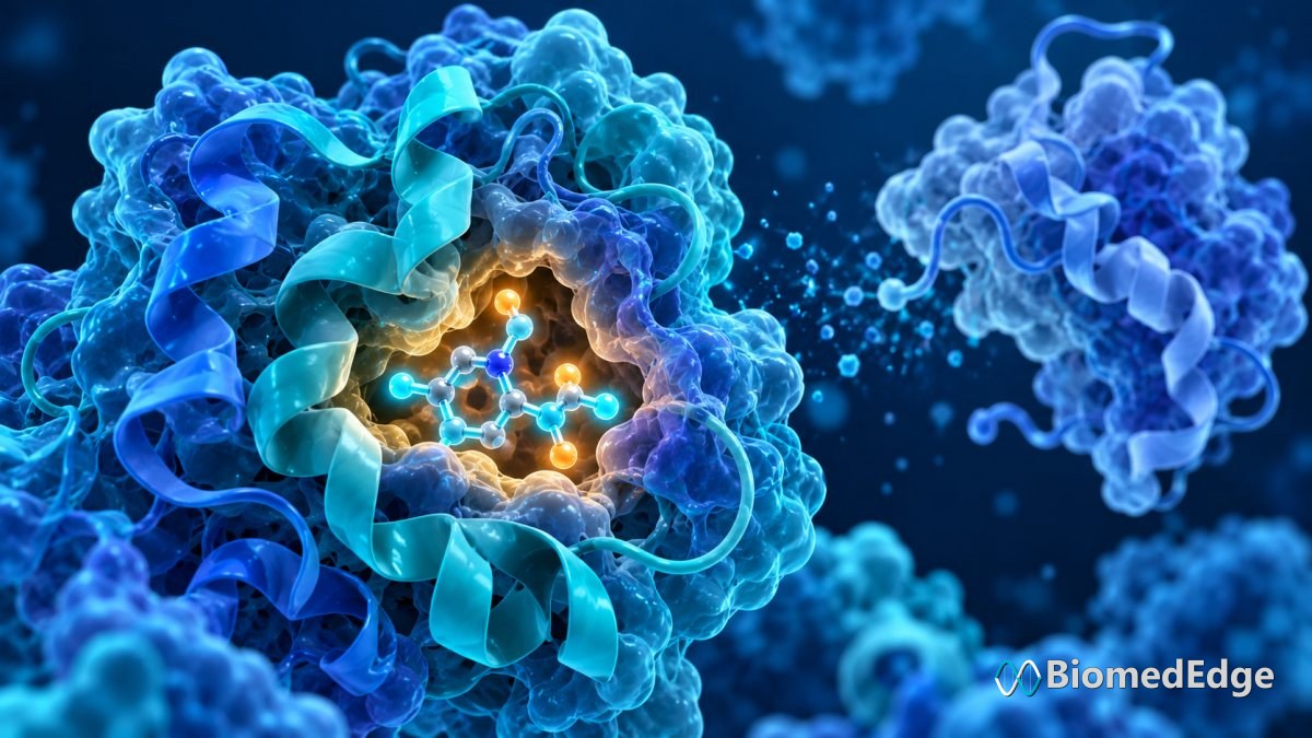 Illustration: a small-molecule inhibitor occupying the central pocket of a TEAD protein (conceptual, not a solved structure of ISM6331).