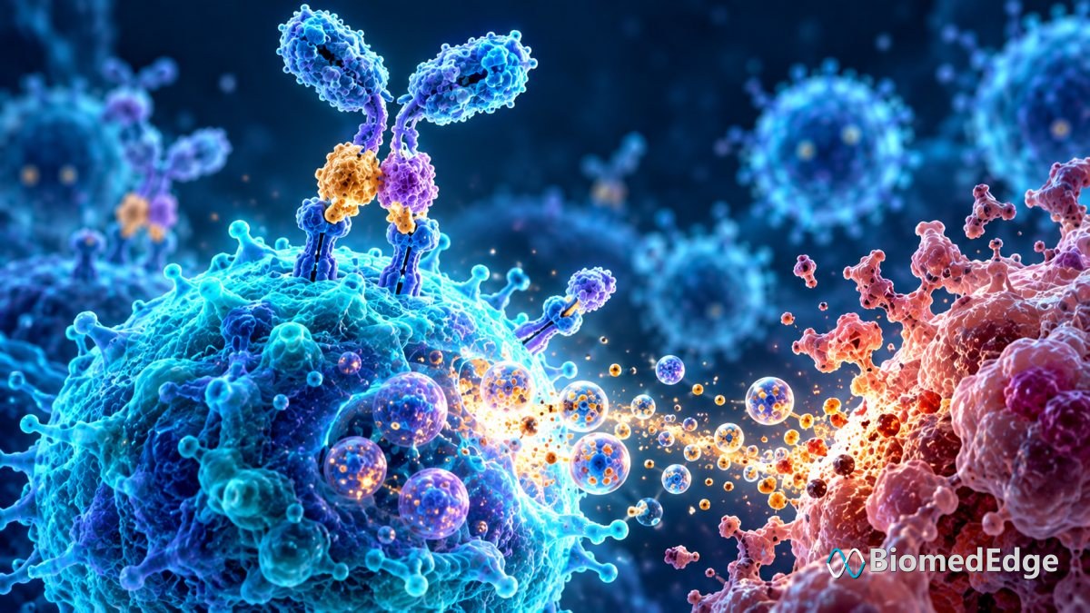 Illustration: an IL-15 receptor agonist complex engaging a natural killer cell, which releases cytotoxic granules toward a tumour cell.