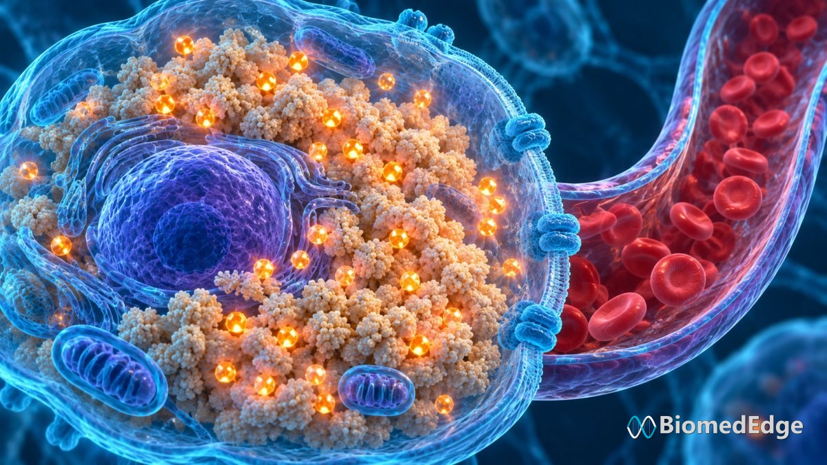 Illustration: a liver cell that stores glycogen but cannot release glucose, the core defect in GSDIa.
