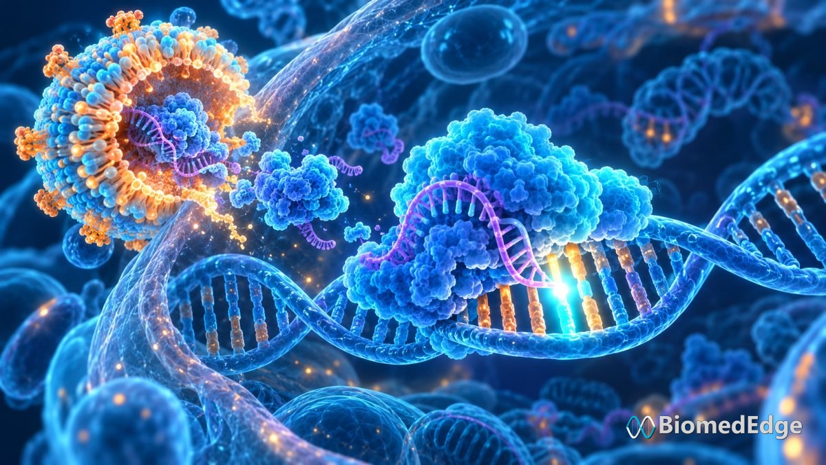 Illustration: a lipid nanoparticle delivering a base editor that corrects a single DNA letter in a liver cell.