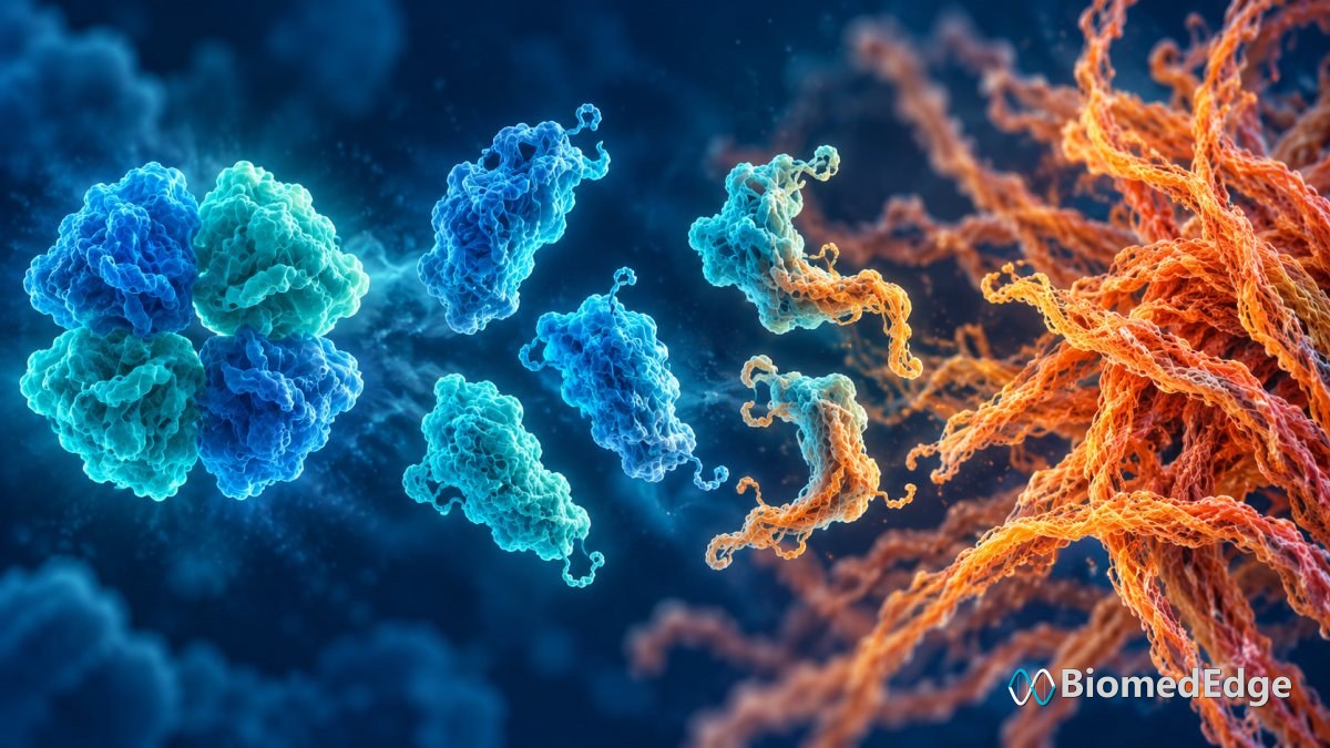 Illustration: a transthyretin tetramer separating into single units that misfold and aggregate into amyloid fibrils.
