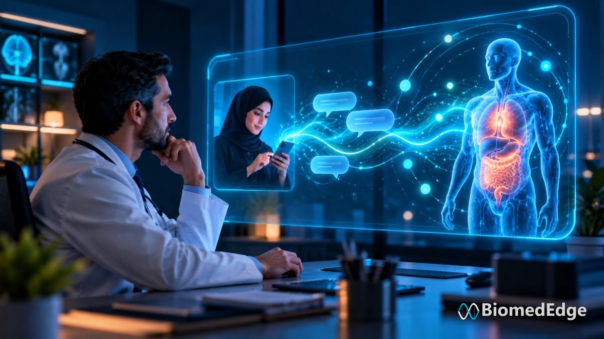 Illustration: in the study, a physician supervised every AI conversation in real time and clinicians received a pre-visit summary.
