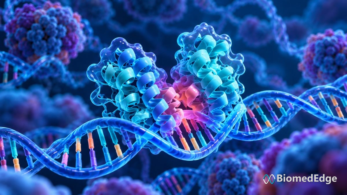 Illustration: an oestrogen receptor dimer bound at DNA in a breast cancer cell nucleus.