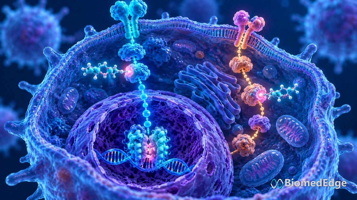 Illustration: a receptor-degrading agent and an mTOR inhibitor acting on parallel signalling routes in a tumour cell.