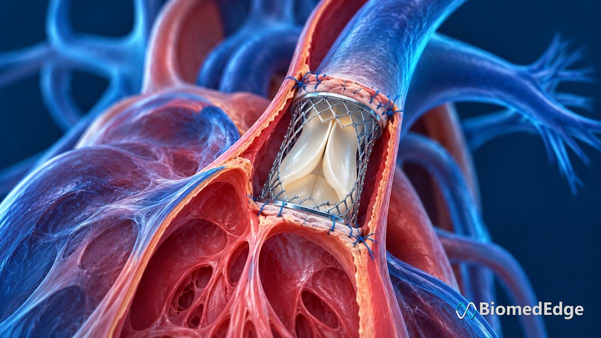Illustration: a balloon-expandable pulmonary valve seated in a surgically repaired right ventricular outflow tract.