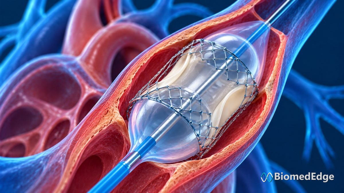 Illustration: a balloon catheter dilating an implanted valve frame to a larger diameter.