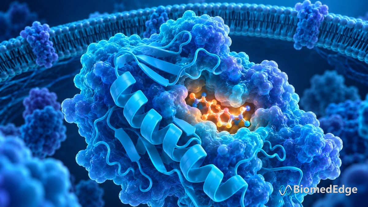 Illustration: a small-molecule inhibitor bound reversibly in the active site of BTK inside a B cell.