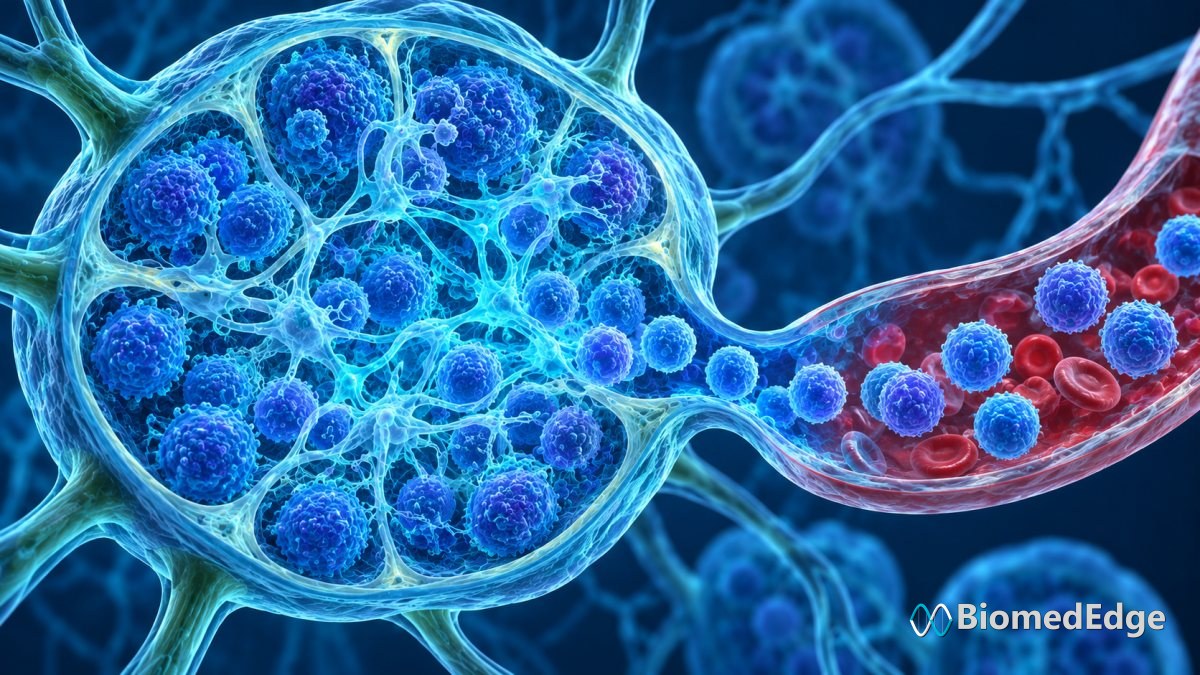 Illustration: leukemic B cells leaving a lymph node niche after B-cell receptor signalling is blocked.