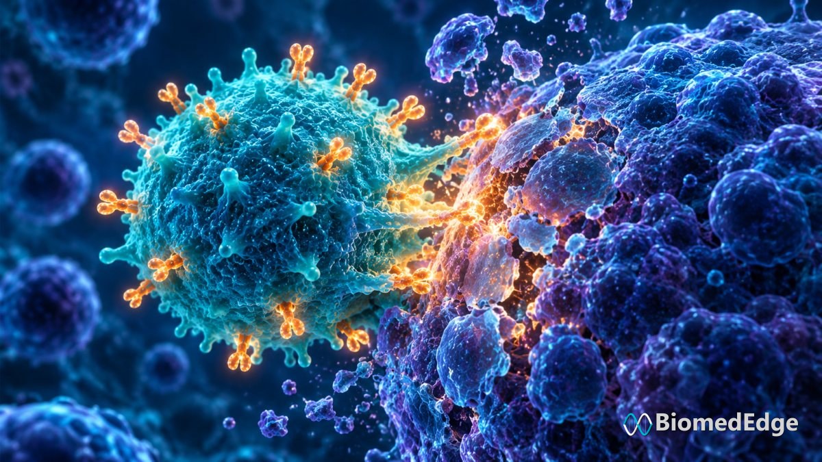 Illustration: an engineered T cell, displaying its receptor, engaging a cancer cell.