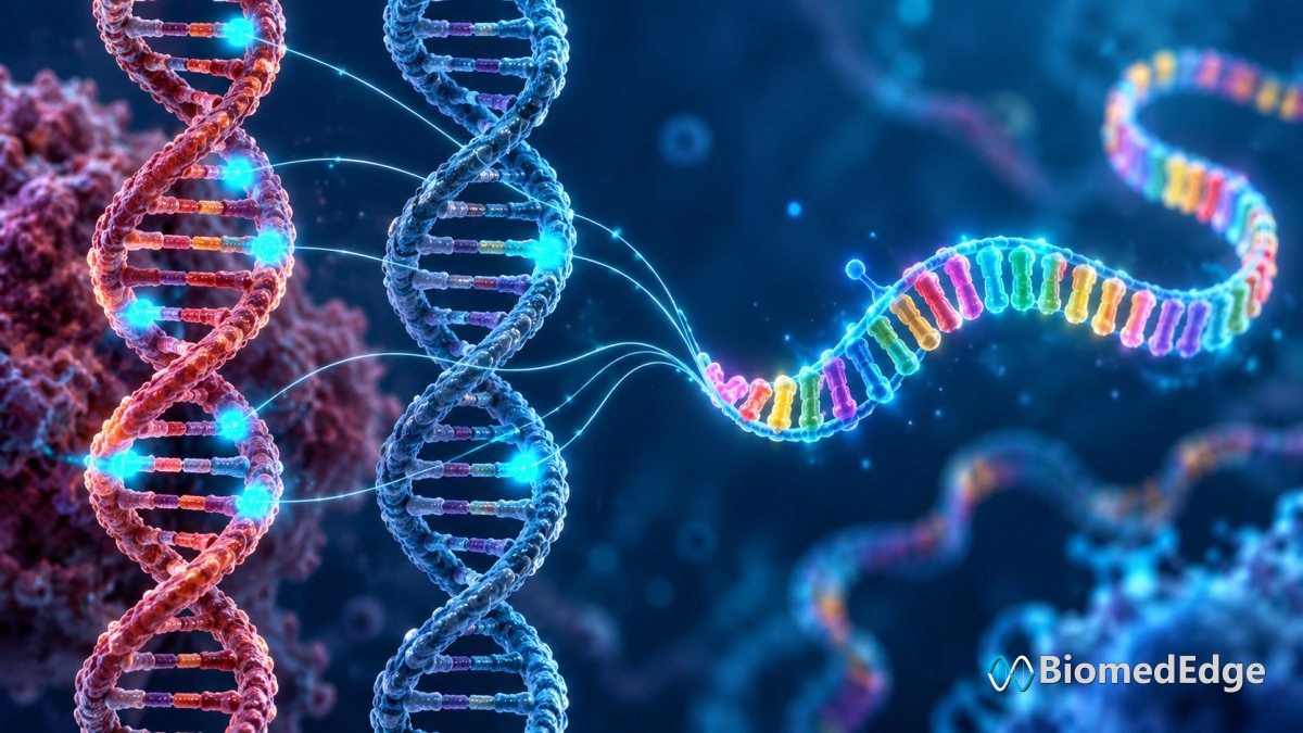 Illustration: tumour and normal DNA are compared to find cancer-specific mutations, which are encoded together in a single mRNA molecule.