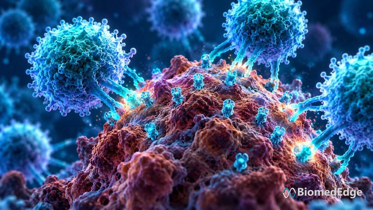 Illustration: vaccine-primed T cells recognising neoantigens displayed on the surface of a melanoma cell.