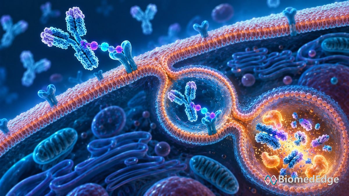 Illustration: a bispecific degrader links a circulating antibody to a receptor on a liver cell, which takes the complex in for breakdown.
