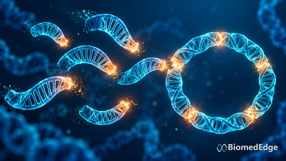 Illustration: DNA fragments joining into a single large circular construct.