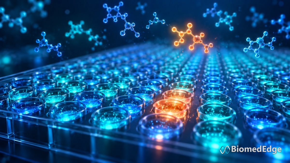 Illustration: a high-throughput screen searching many compounds for the rare molecule that triggers degradation of a target.