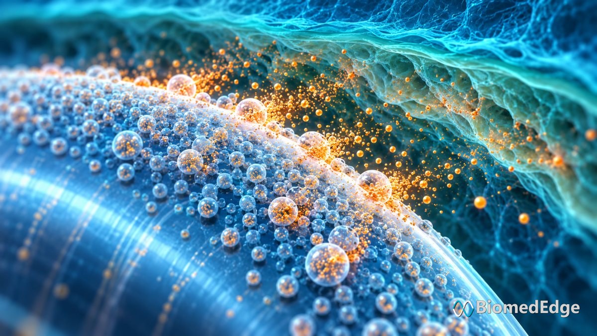 Illustration: drug carried in micro-reservoirs on a balloon surface releasing into arterial tissue.
