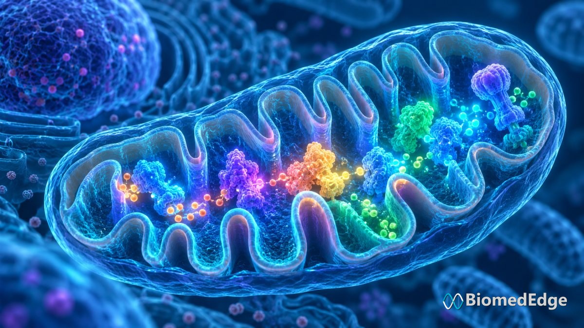 Illustration: bacterial biosynthetic enzymes localised inside a mammalian mitochondrion.